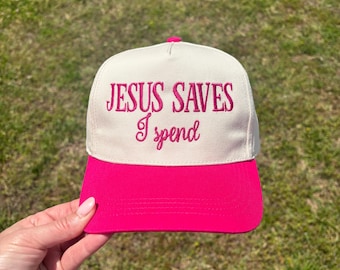 Embroidered Jesus Saves I Spend Ball Cap Choose Your Bill and Thread Color – Adjustable Snap Back