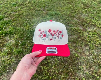 Red Wildflowers Flowers Hat with Adjustable Snap Back