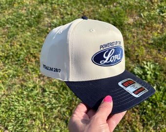 Embroidered Powered By The Lord Psalm 28:7 Ball Cap Choose Your Bill and Thread Color – Adjustable Snap Back