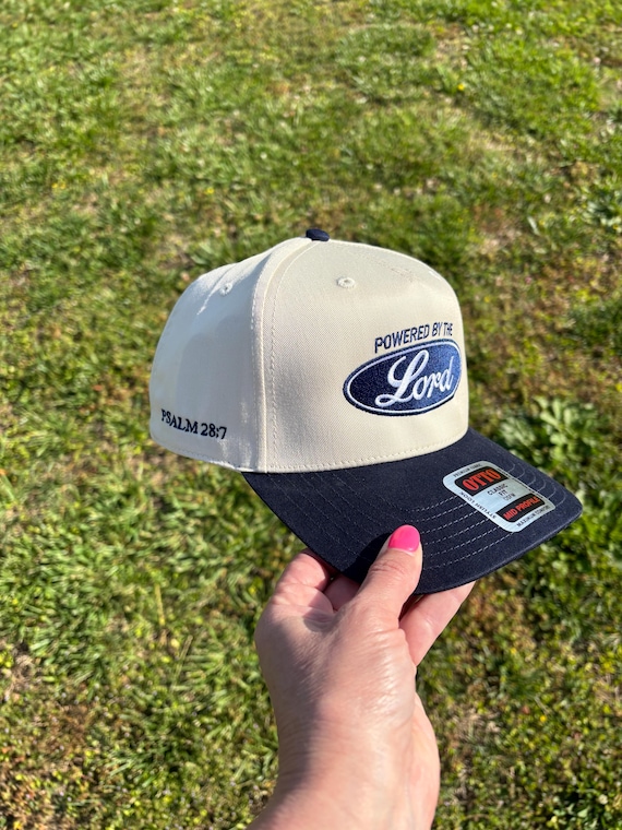 Embroidered Powered By The Lord Psalm 28:7 Ball Cap Choose Your Bill and Thread Color – Adjustable Snap Back