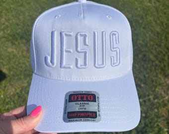 PUFF Embroidered JESUS Ball Cap Choose Your Bill and Thread Color – Adjustable Snap Back