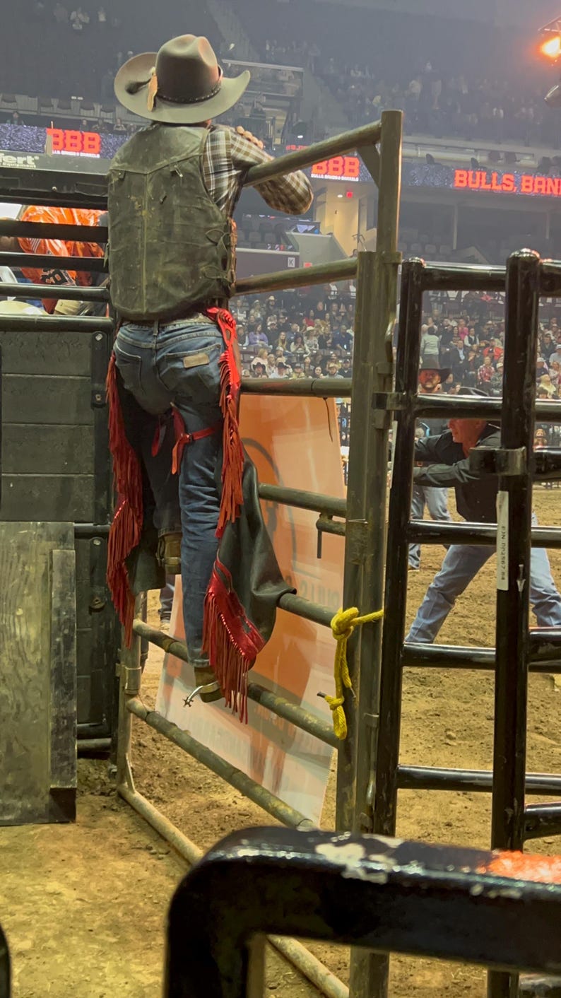 May include: A cowboy wearing a brown hat, plaid shirt, and a dark vest, leans against a metal fence. Red chaps with fringe hang from the cowboy's waist. The background shows a crowd at a rodeo event.