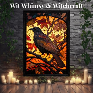 Stained Glass Style Fall Raven Painting | Crow Art | Printable Art Digital Download | Printable Wall Decor | Printable Wall Art | Art Prints