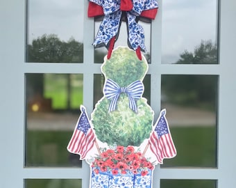 Rot, Weiß & Bloom- Türhänger (Kranz, Türkunst, Gartenkunst, Sommerzeit, patriotisch, Topiary, Grandmillenial, Chinoiserie)