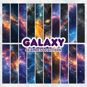 May include: A collection of seamless galaxy patterns in vertical rectangular panels. The panels display vibrant nebulae in shades of orange, blue, purple, and gold. The word "GALAXY" is displayed in a purple bubble, with "SEAMLESS PATTERN" below it.
