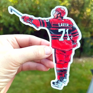 May include: A red and black hockey jersey with the name "Larkin" and the number "71" on the back. The jersey has white stripes and is worn by a hockey player.