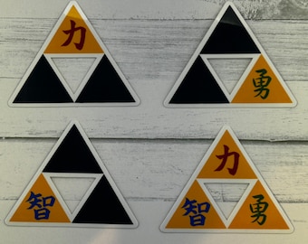 Zelda Triforce w/ Kanji Stickers - Vinyl Die-Cut Stickers - The Legend of Zelda - Triforce of Power / Courage / Wisdom