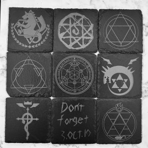 FMA Square Coasters - Laser Engraved Slate Coaster Set - Choose Your Own Set - Fullmetal Alchemist / Fullmetal Alchemist Brotherhood