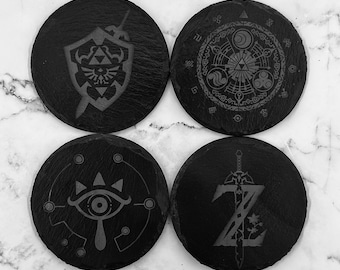 Zelda - Circle Coasters - Laser Engraved Slate Coaster Set - The Legend of Zelda Series