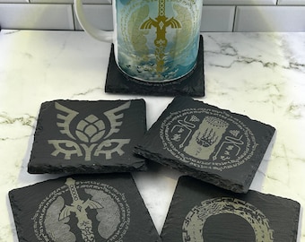 Zelda TotK - Coasters - Laser Engraved Slate Coaster Set and Ceramic Mug - The Legend of Zelda: Tears of the Kingdom
