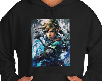 AI-genererad Link-oljemålning - Unisex tung blandad huvtröja, bomulls- och polyesterblandning, känguruficka, Link-kläder, present till spelare