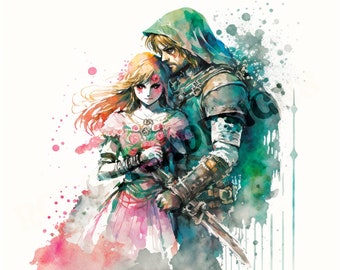 AI-genererad Zelda & Link Romantic Embrace, illustration i akvarellstil