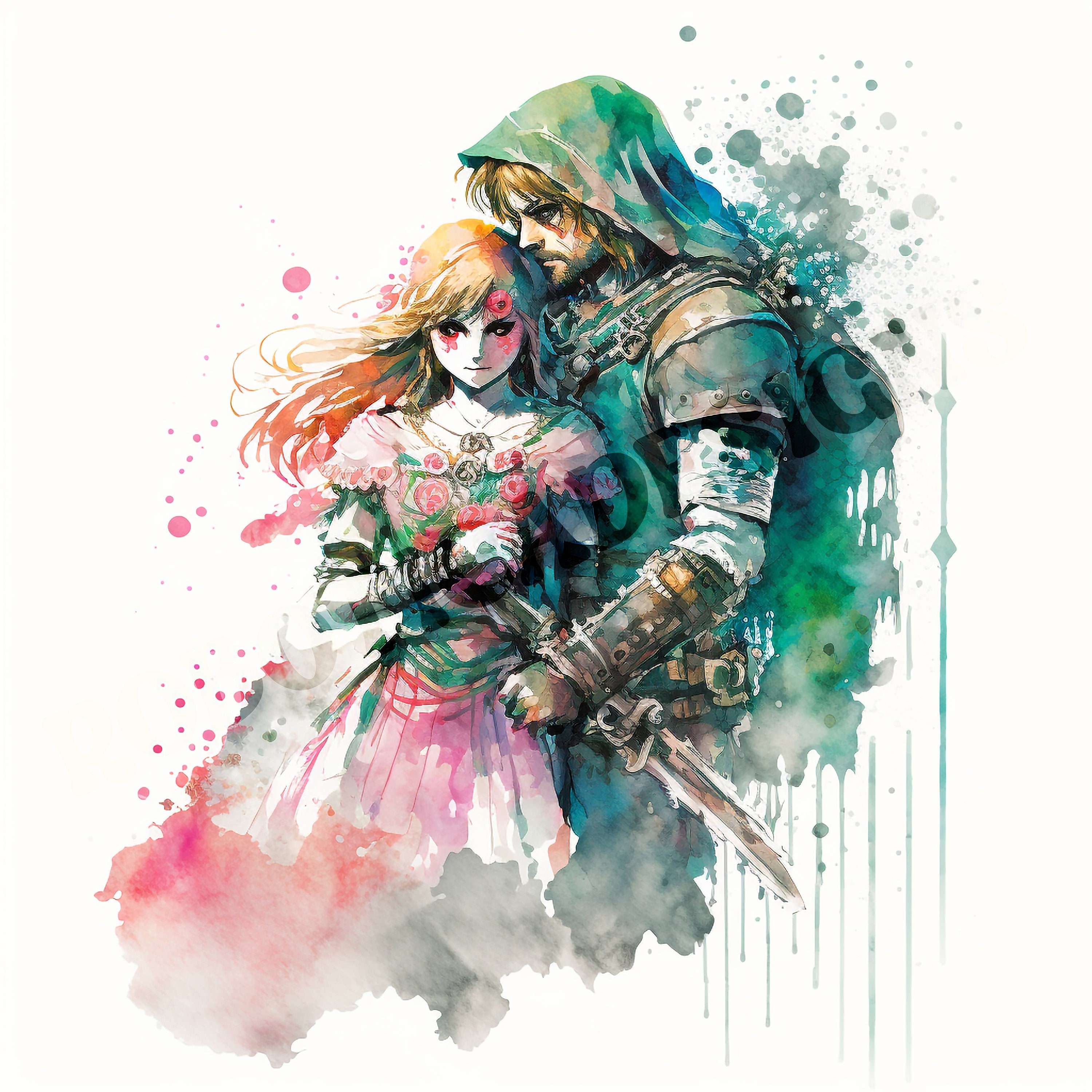 Aigenerated Zelda & Link Romantic Embrace, Watercolorstyle