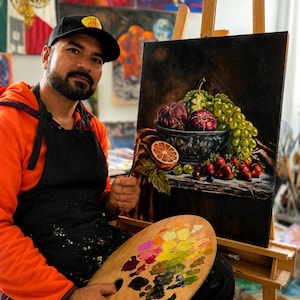 May include: An oil painting on canvas depicting a still life of fruit in a dark bowl, including red apples, green grapes, strawberries, and a sliced orange. The artwork is displayed on a wooden easel, with a wooden artist palette featuring various paint colors.