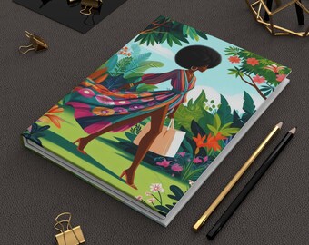 Diario de tapa dura "Mujer afro con vestido floral" / Camina donde crece la alegría, diario de viaje