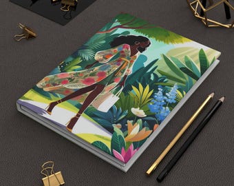 Diario de tapa dura "Mujer negra con vestido floral" / Camina donde crece la alegría, diario de viaje