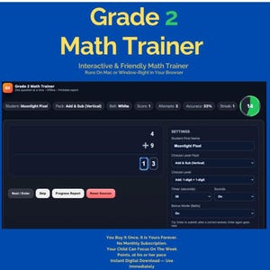Grade 2 Math Trainer — Interactive Math App- Parent Guide | Addition, Subtraction, Measurement, Money, Time...