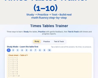 掛け算表トレーナー 1～10 • 子供向けインタラクティブ掛け算コンピュータアプリ (PC & Mac • オフライン)