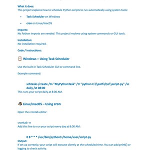 以下が含まれることがあります： 「Project 2: Schedule Scripts with Task Scheduler / cron」と題された白いドキュメント。WindowsのタスクスケジューラとLinux/macOSのcronを使用してPythonスクリプトをスケジュールする方法を説明しています。コマンド例も含まれています。