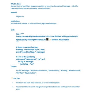 Peut inclure: Un document blanc intitul&eacute; "Projet 3 : Extraire les hashtags des l&eacute;gendes ou des articles de blog". Il explique comment extraire les hashtags du texte. Il comprend des exemples de code, des r&eacute;sultats et des conseils. Les hashtags incluent : #productivity, #coding, #freelanceLife et #automation.