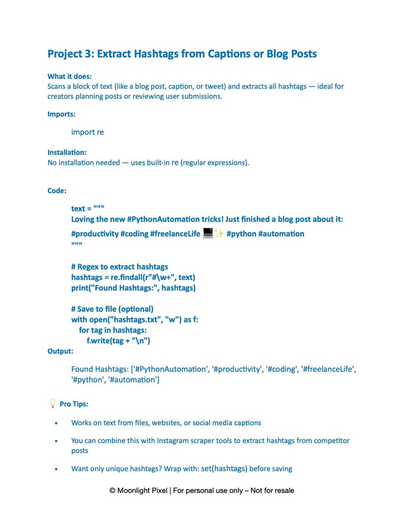 Peut inclure: Un document blanc intitul&eacute; "Projet 3 : Extraire les hashtags des l&eacute;gendes ou des articles de blog". Il explique comment extraire les hashtags du texte. Il comprend des exemples de code, des r&eacute;sultats et des conseils. Les hashtags incluent : #productivity, #coding, #freelanceLife et #automation.