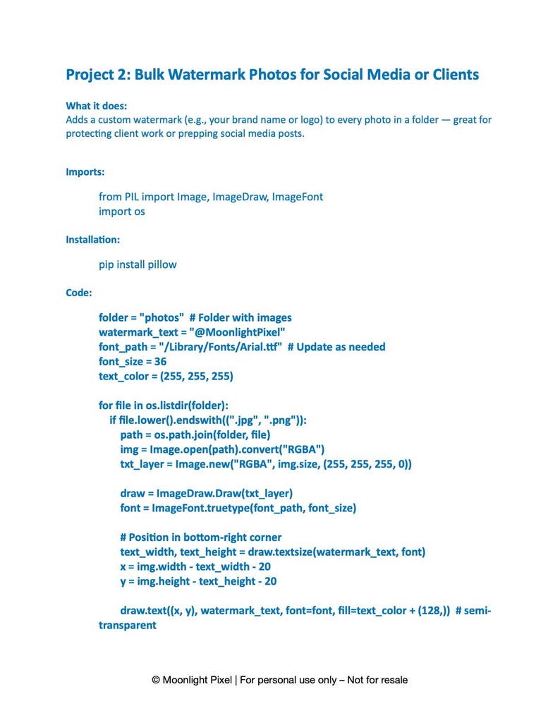Peut inclure: Un document blanc avec du texte noir d&eacute;taillant un projet Python pour ajouter des filigranes aux photos. Le texte comprend des extraits de code, des instructions d'importation et d'installation. Le document est pour usage personnel uniquement.