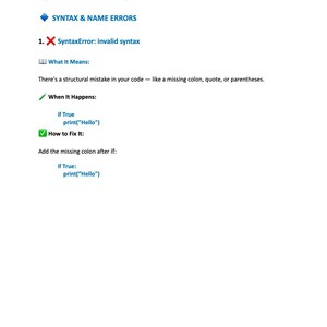 K&ouml;nnte beinhalten: Eine wei&szlig;e Seite mit dem Titel "Python Error Mastery" und Informationen zu Syntaxfehlern in Python-Code. Der Text enth&auml;lt Beispiele f&uuml;r falschen und korrigierten Code sowie Erkl&auml;rungen zu den Fehlern und deren Behebung.