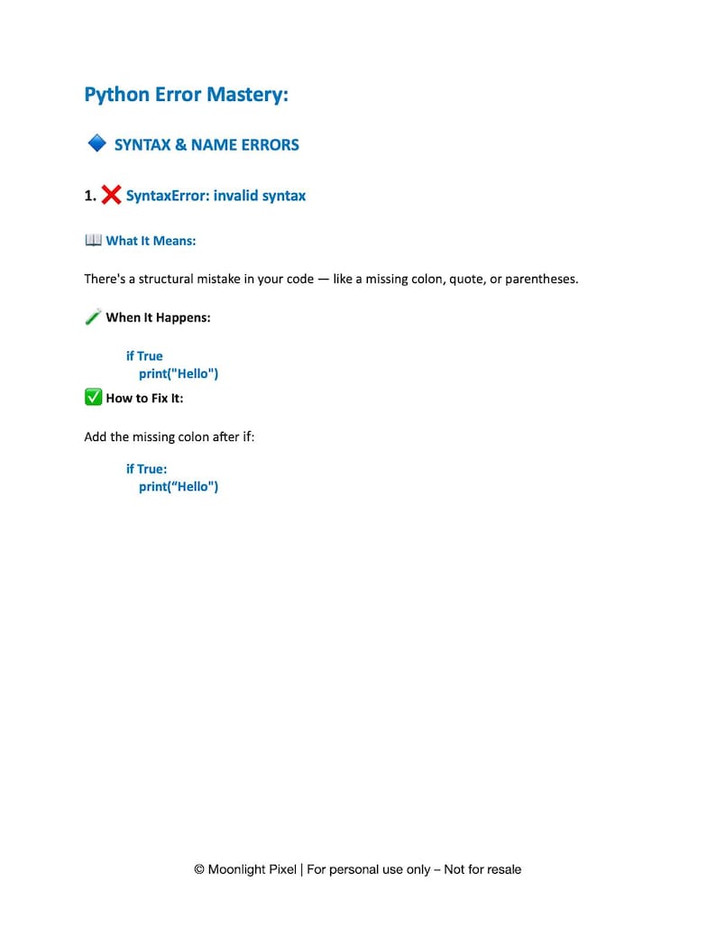 K&ouml;nnte beinhalten: Eine wei&szlig;e Seite mit dem Titel "Python Error Mastery" und Informationen zu Syntaxfehlern in Python-Code. Der Text enth&auml;lt Beispiele f&uuml;r falschen und korrigierten Code sowie Erkl&auml;rungen zu den Fehlern und deren Behebung.
