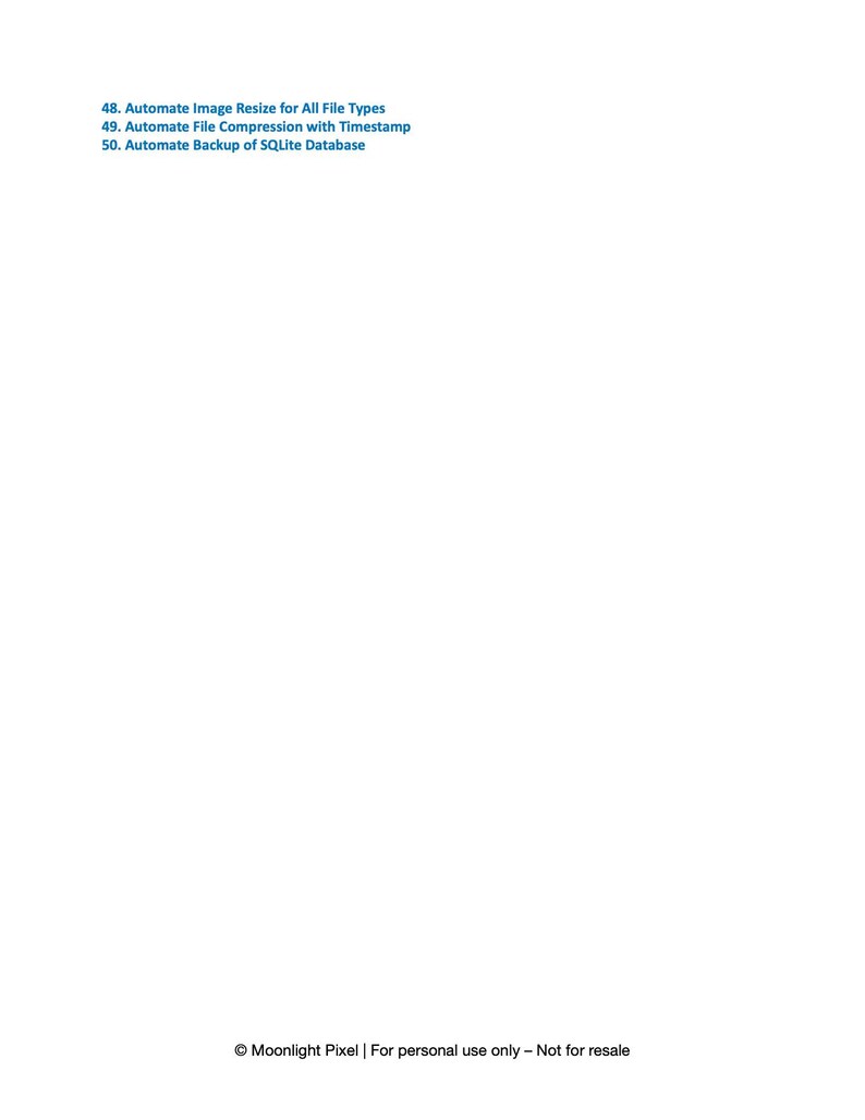 以下が含まれることがあります： 白地に青い文字で、画像のサイズ変更、タイムスタンプ付きのファイル圧縮、SQLiteデータベースのバックアップという3つの自動化タスクをリストしています。テキストはMoonlight Pixelのもので、個人使用のみ、転売禁止です。