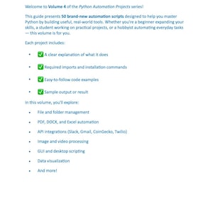 May include: A white page with the title "Introduction" and text introducing Volume 4 of the Python Automation Projects series. The guide includes 50 automation scripts for Python, covering file management, PDF automation, API integrations, and more. The text is in a clean, readable font.