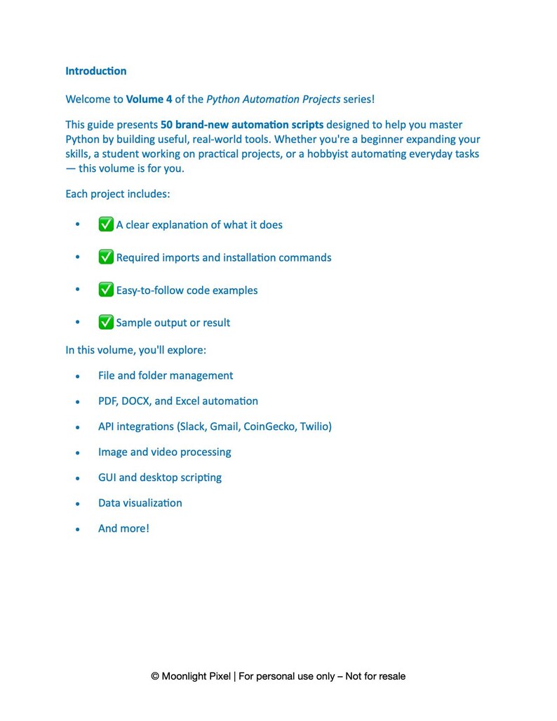 May include: A white page with the title "Introduction" and text introducing Volume 4 of the Python Automation Projects series. The guide includes 50 automation scripts for Python, covering file management, PDF automation, API integrations, and more. The text is in a clean, readable font.