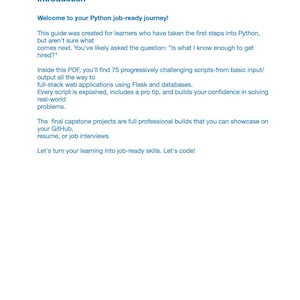 Może przedstawiać: Biały dokument PDF z niebieskim tekstem, zatytułowany "Wprowadzenie". Jest to przewodnik po nauce Pythona, obejmujący skrypty, aplikacje internetowe i projekty. Tekst zawiera frazę "Python job-ready journey!"