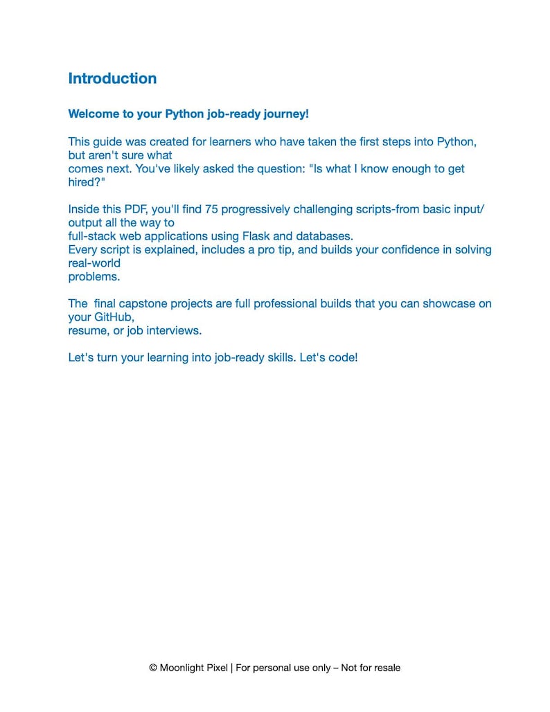 Może przedstawiać: Biały dokument PDF z niebieskim tekstem, zatytułowany "Wprowadzenie". Jest to przewodnik po nauce Pythona, obejmujący skrypty, aplikacje internetowe i projekty. Tekst zawiera frazę "Python job-ready journey!"