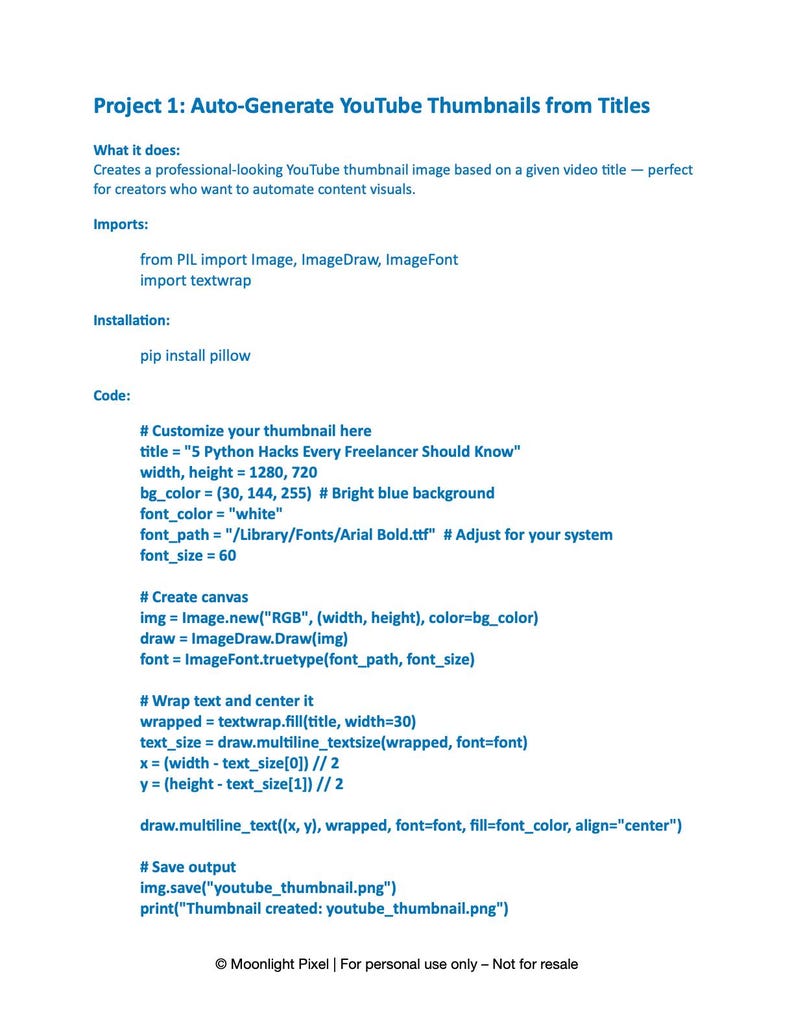 Peut inclure: Capture d'&eacute;cran de code Python pour g&eacute;n&eacute;rer des miniatures YouTube &agrave; partir de titres. Le texte explique les &eacute;tapes, y compris l'importation de biblioth&egrave;ques et la d&eacute;finition de la couleur de fond. Le titre est "5 Python Hacks Every Freelancer Should Know".
