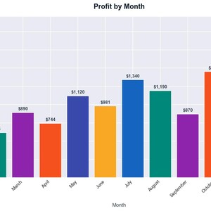 Op de afbeelding: Een staafdiagram met de titel "Winst per maand" toont de maandelijkse winstcijfers. De staven zijn verschillend gekleurd, met de hoogste staaf in december op &euro;2.100. De laagste staaf is in januari op &euro;420.