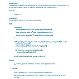 Peut inclure: Document blanc intitul&eacute; "Projet 4 : Convertir les l&eacute;gendes Instagram en CSV pour la planification". Il explique comment convertir les l&eacute;gendes Instagram en fichier CSV pour la planification. Inclut des extraits de code et des conseils.