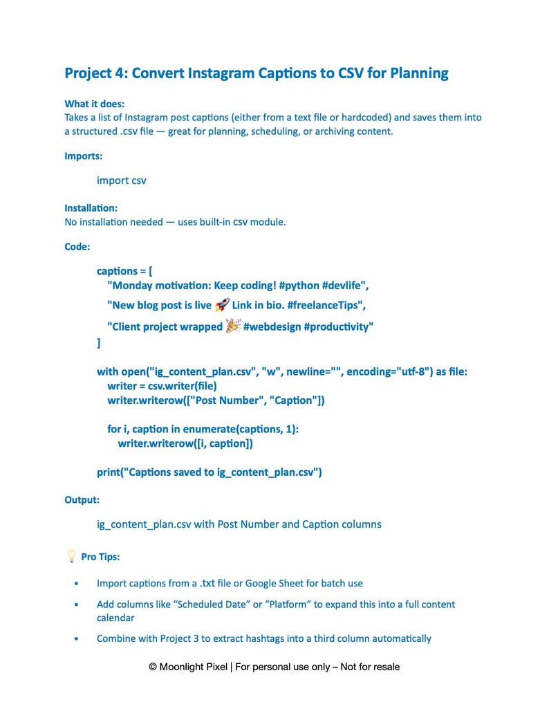 Peut inclure: Document blanc intitul&eacute; "Projet 4 : Convertir les l&eacute;gendes Instagram en CSV pour la planification". Il explique comment convertir les l&eacute;gendes Instagram en fichier CSV pour la planification. Inclut des extraits de code et des conseils.
