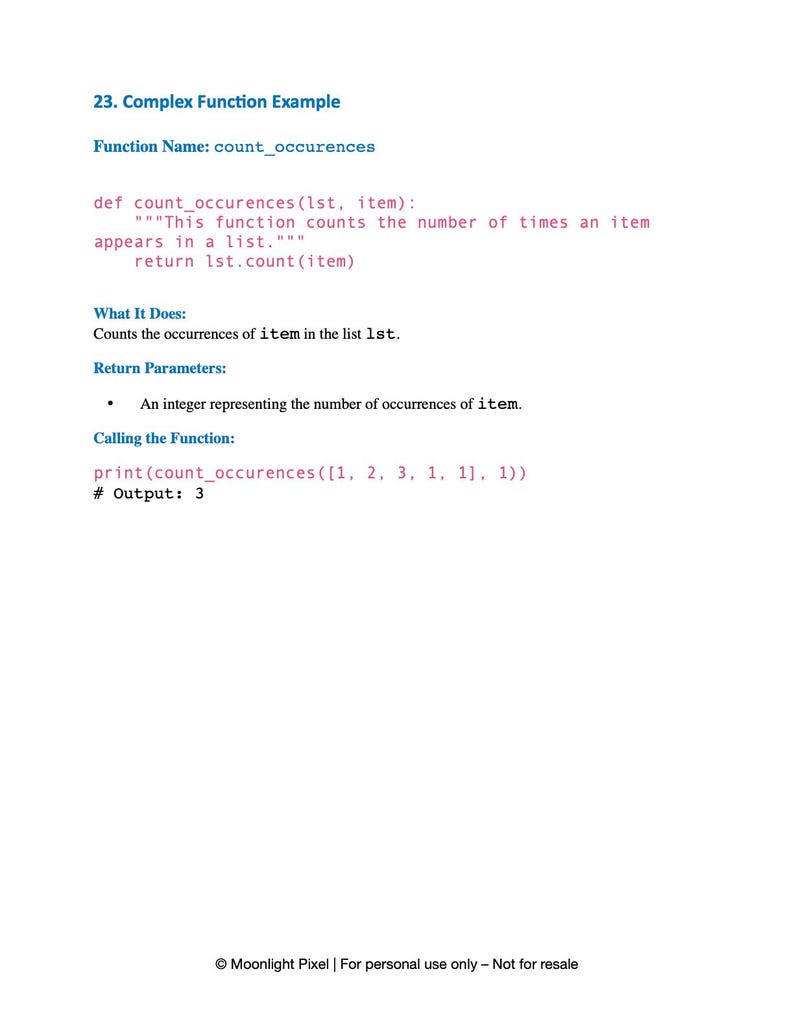 May include: A white page with the title "23. Complex Function Example" and a Python code example. The code defines a function to count item occurrences in a list, with an example call and output. The text is in black and blue.