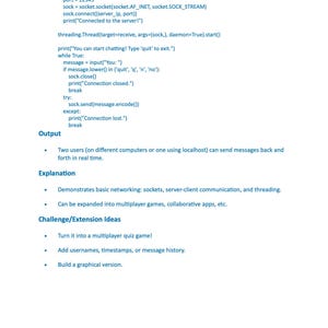 May include: A white page with black text detailing Python code for server-client communication, including input prompts, socket connections, and threading. The text also includes output and explanation sections, along with challenge ideas. The page number is 60.