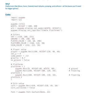 May include: A page from a book with the title "17. Simple Platformer Game (Jumping & Landing)". The text explains platformer game basics and includes Python code for game development, with color definitions and setup instructions. The page number is 59.