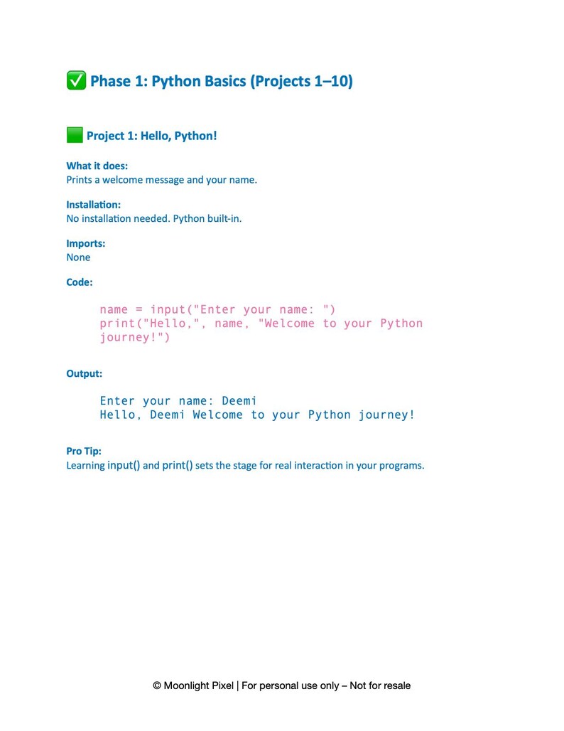 Może przedstawiać: Biała strona z tekstem szczeg&oacute;łowo opisującym projekt programowania w języku Python. Tytuł brzmi "Faza 1: Podstawy Pythona (Projekty 1-10)". Projekt nosi tytuł "Hello, Python!" i zawiera kod, dane wyjściowe i wskaz&oacute;wkę.