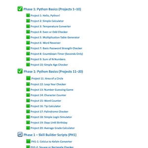 Może przedstawiać: Biały dokument zatytułowany &bdquo;Spis treści&rdquo; zawiera listę projekt&oacute;w programistycznych w języku Python. Projekty są pogrupowane w fazy, w tym &bdquo;Python Basics&rdquo; i &bdquo;Skill Builder Scripts&rdquo;. Każdy projekt ma tytuł, np. &bdquo;Hello, Python!&rdquo; i &bdquo;Simple Calculator&rdquo;.