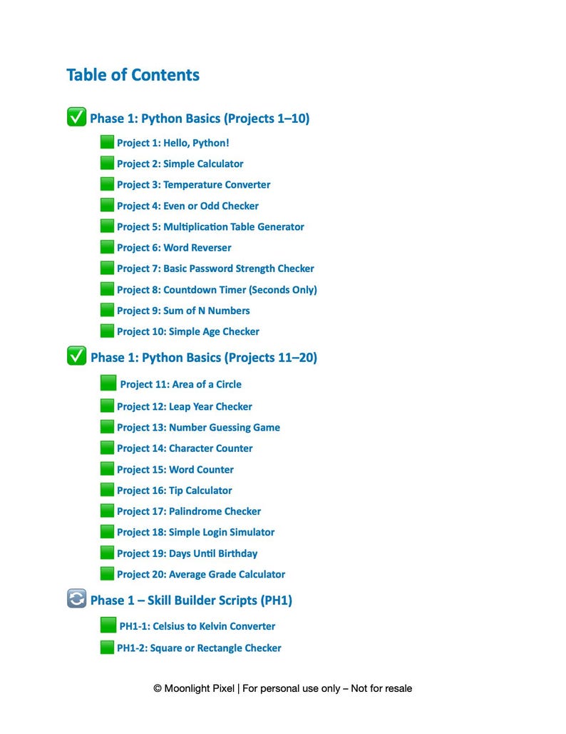 Może przedstawiać: Biały dokument zatytułowany &bdquo;Spis treści&rdquo; zawiera listę projekt&oacute;w programistycznych w języku Python. Projekty są pogrupowane w fazy, w tym &bdquo;Python Basics&rdquo; i &bdquo;Skill Builder Scripts&rdquo;. Każdy projekt ma tytuł, np. &bdquo;Hello, Python!&rdquo; i &bdquo;Simple Calculator&rdquo;.