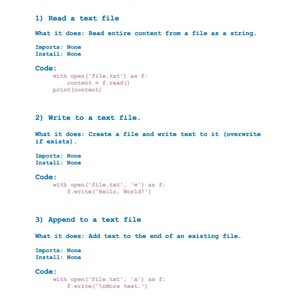 May include: A white document with blue text detailing Python file handling examples. The document includes code snippets for reading, writing, and appending to text files. The text includes the phrase "Python File Handling Examples (15 Examples)".