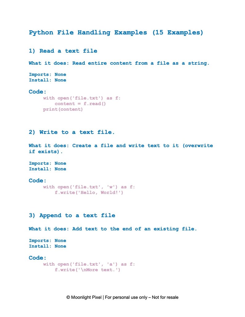 May include: A white document with blue text detailing Python file handling examples. The document includes code snippets for reading, writing, and appending to text files. The text includes the phrase "Python File Handling Examples (15 Examples)".