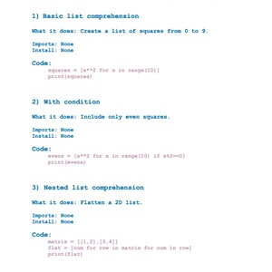 May include: A white page with the title "Python List Comprehension Mastery (15 Examples)". The page contains Python code examples for list comprehension, including basic, conditional, and nested list comprehensions. The text is in a clear, readable font.