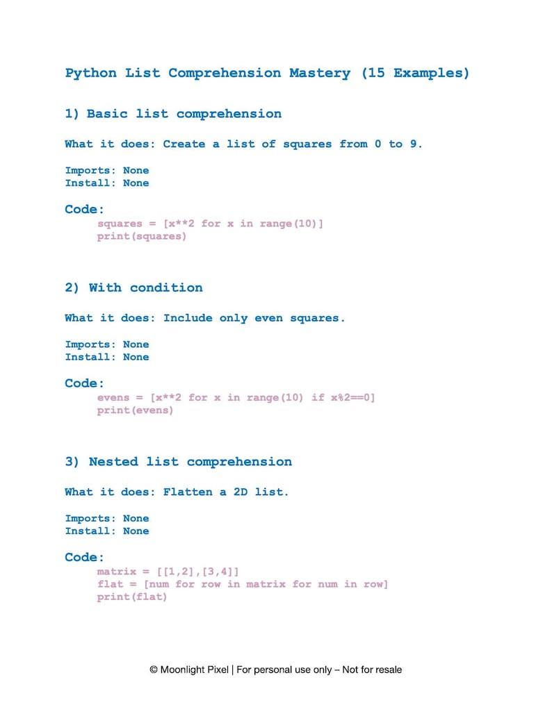 May include: A white page with the title "Python List Comprehension Mastery (15 Examples)". The page contains Python code examples for list comprehension, including basic, conditional, and nested list comprehensions. The text is in a clear, readable font.