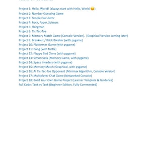 May include: A white page with a table of contents for game projects. The list includes projects like "Hello, World!", "Number Guessing Game", "Rock, Paper, Scissors", and "Tic-Tac-Toe". The text is in black, with the title in a larger font.