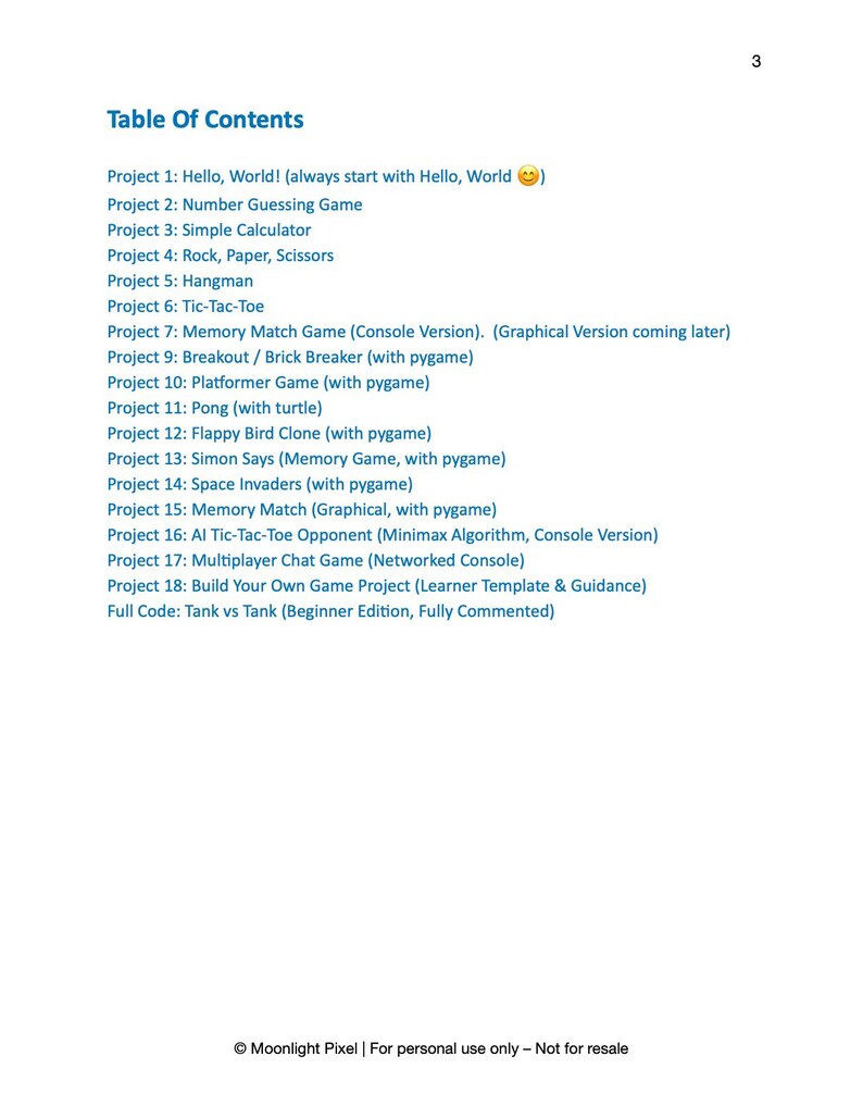 May include: A white page with a table of contents for game projects. The list includes projects like "Hello, World!", "Number Guessing Game", "Rock, Paper, Scissors", and "Tic-Tac-Toe". The text is in black, with the title in a larger font.