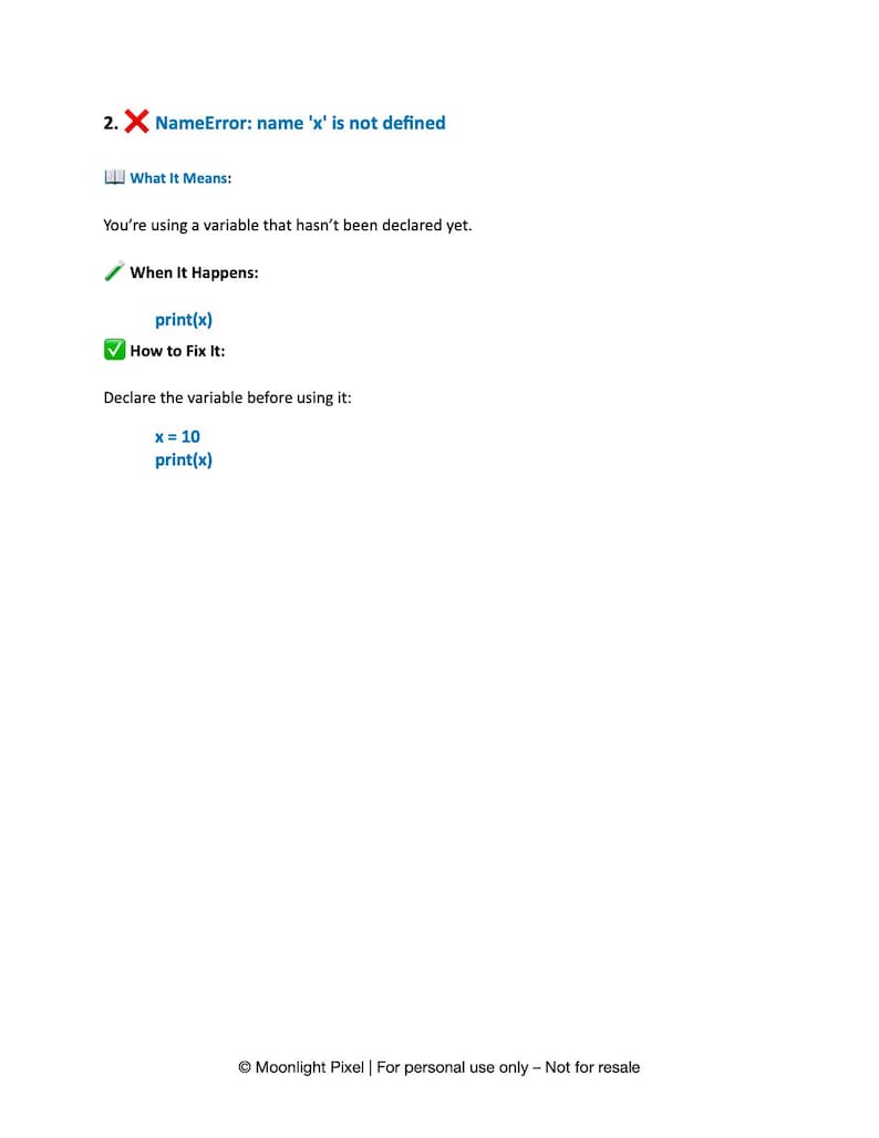 K&ouml;nnte beinhalten: Eine wei&szlig;e Seite mit Text, der einen Python-Programmierfehler erkl&auml;rt: "NameError: name 'x' is not defined." Der Text beschreibt den Fehler, wann er auftritt und wie er durch Deklarieren der Variable behoben werden kann. Das Beispiel "x = 10 print(x)" ist enthalten.